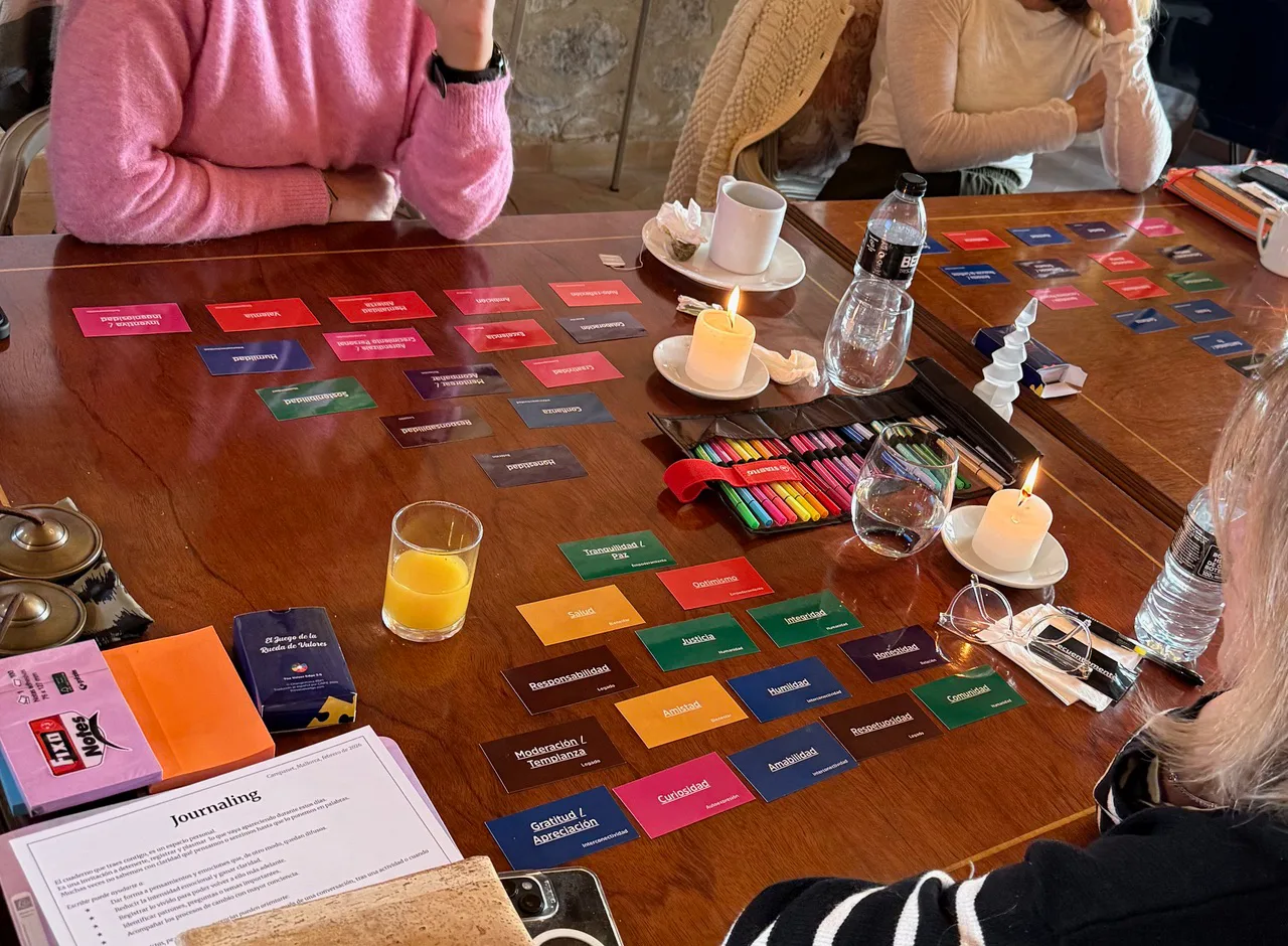 A facilitated values workshop — colored value cards spread across a wooden table