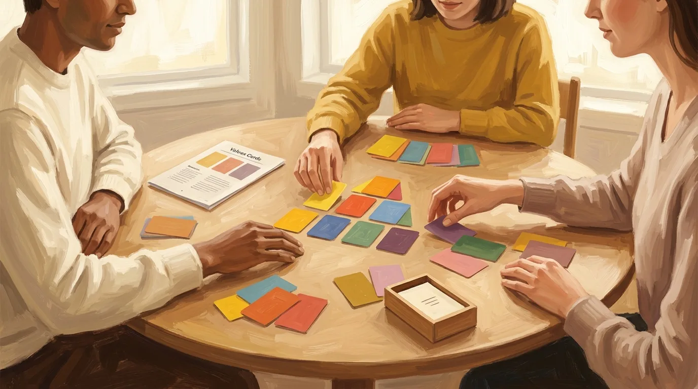 A group at a table sorting the physical values cards